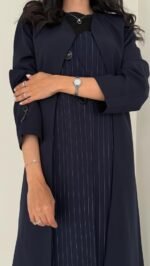 عباية بليزر كريب وكتان كحلي